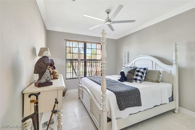 bedroom with baseboards, a ceiling fan, stone tile flooring, and crown molding