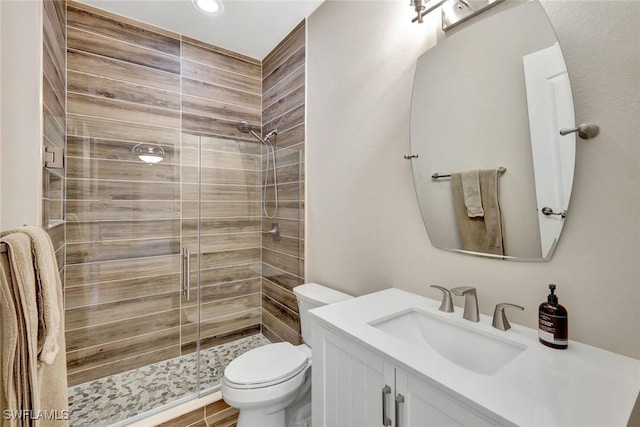 bathroom featuring vanity, toilet, and a shower stall