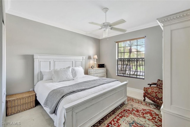 bedroom featuring a ceiling fan, baseboards, and ornamental molding