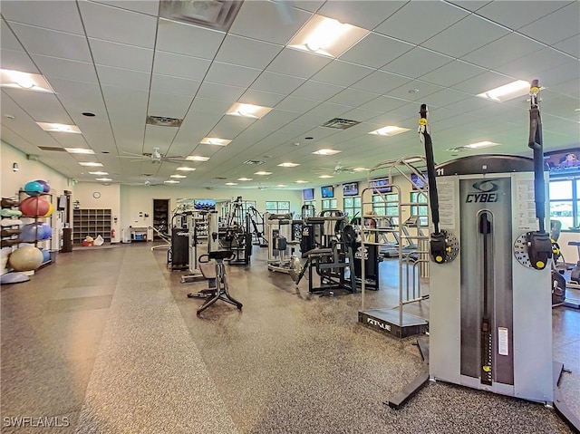 exercise room with visible vents and a drop ceiling