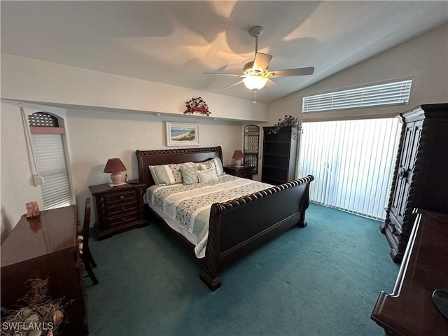 bedroom with lofted ceiling, ceiling fan, and dark colored carpet