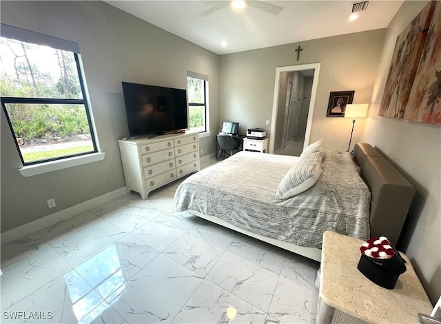 bedroom with marble finish floor, visible vents, ceiling fan, and baseboards