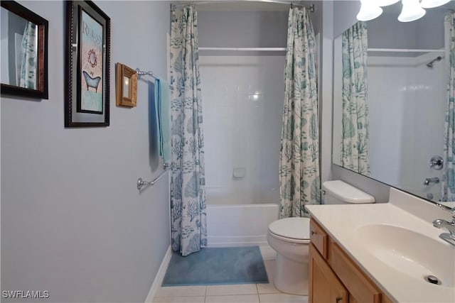 full bath featuring baseboards, toilet, shower / tub combo with curtain, tile patterned flooring, and vanity