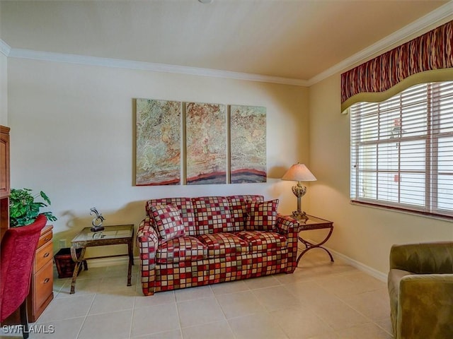 tiled living area featuring baseboards and crown molding