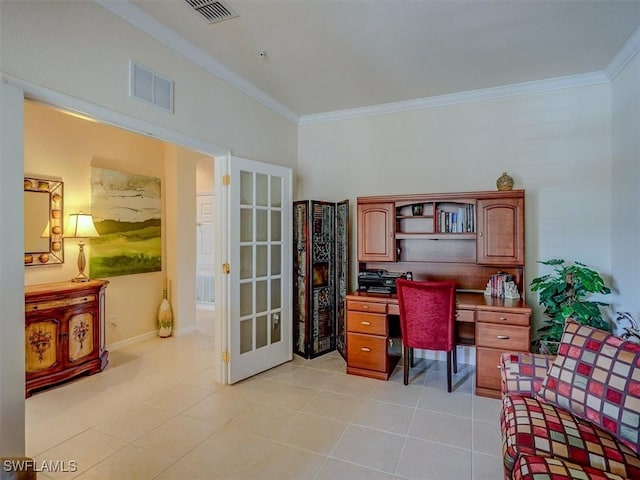 office featuring light tile patterned floors, visible vents, and ornamental molding