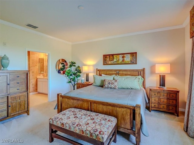 bedroom with crown molding, visible vents, and light colored carpet