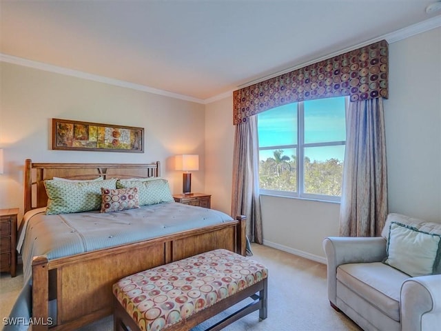 bedroom featuring light carpet, crown molding, and baseboards