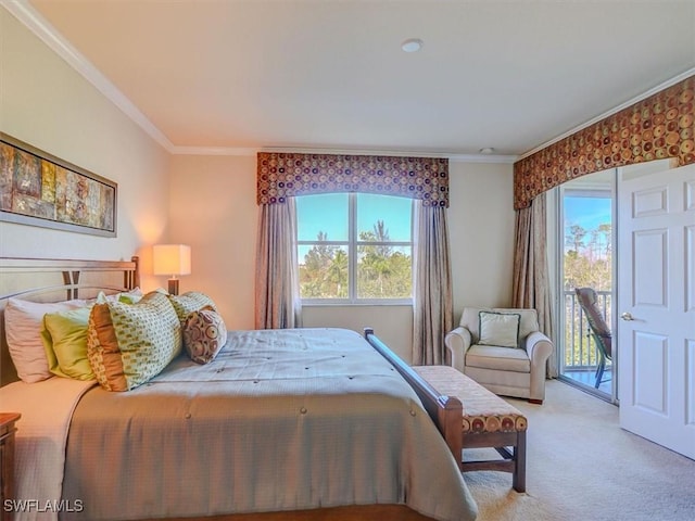 carpeted bedroom with access to exterior, multiple windows, and crown molding