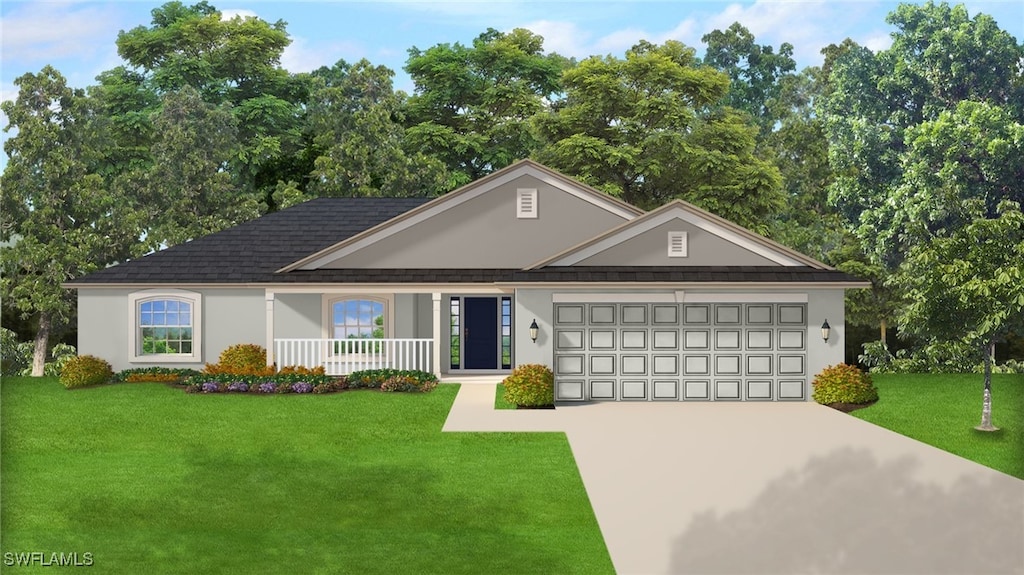 view of front facade featuring a garage, concrete driveway, a front lawn, and stucco siding