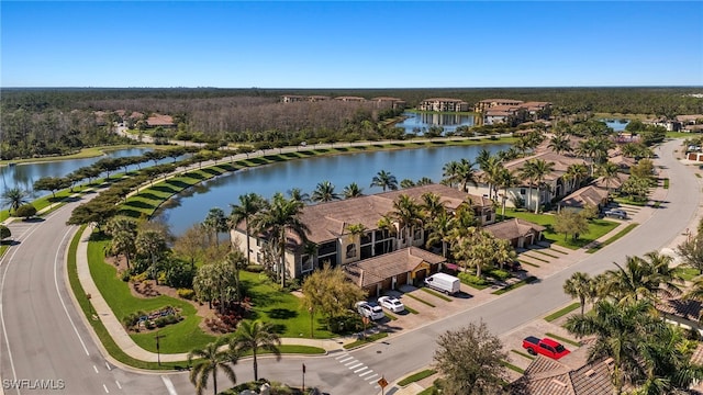 bird's eye view with a water view