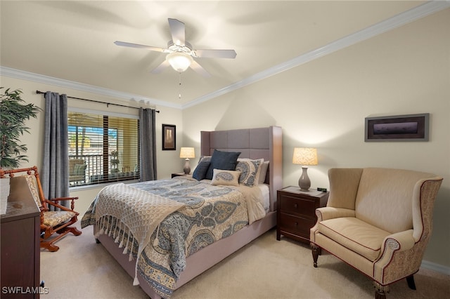 bedroom featuring light carpet, ceiling fan, and crown molding