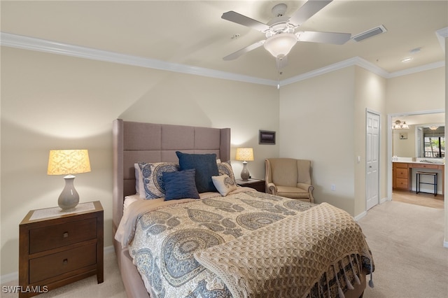 bedroom with baseboards, visible vents, a ceiling fan, light colored carpet, and crown molding