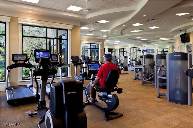 workout area with carpet floors and a paneled ceiling