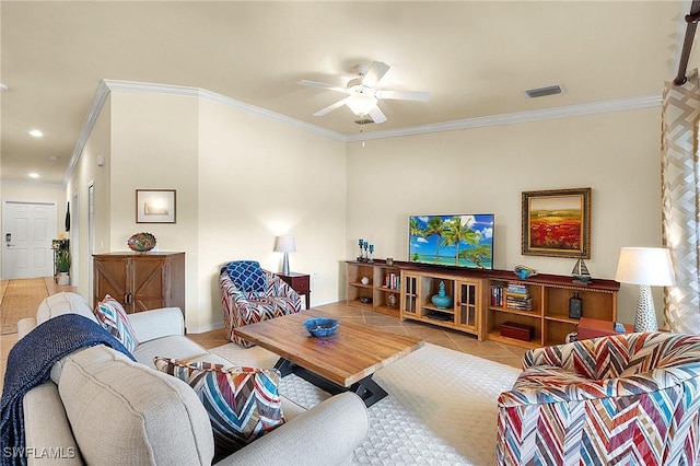 living room featuring tile patterned flooring, recessed lighting, a ceiling fan, visible vents, and crown molding