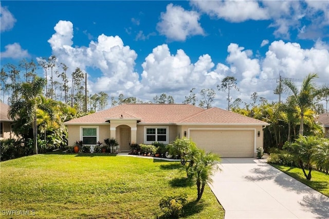 mediterranean / spanish-style house with concrete driveway, a front lawn, and stucco siding