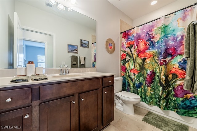 full bath featuring toilet, tile patterned flooring, visible vents, and vanity