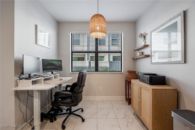 office with marble finish floor and baseboards