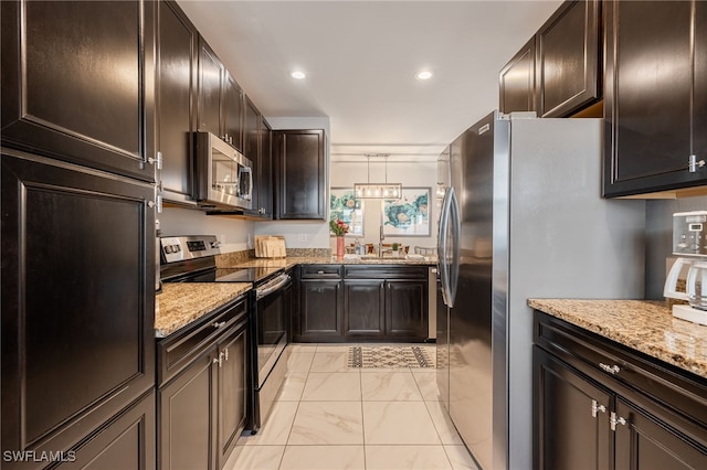 kitchen with light stone counters, marble finish floor, stainless steel appliances, dark brown cabinets, and recessed lighting