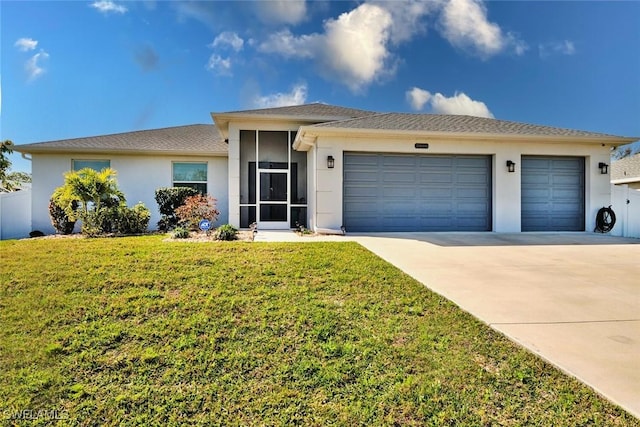 view of front of home featuring a garage, concrete driveway, a front lawn, and stucco siding