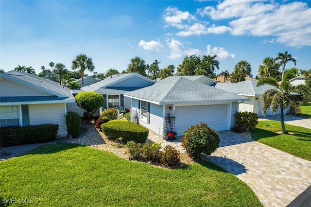 single story home featuring an attached garage, a shingled roof, a front lawn, and decorative driveway