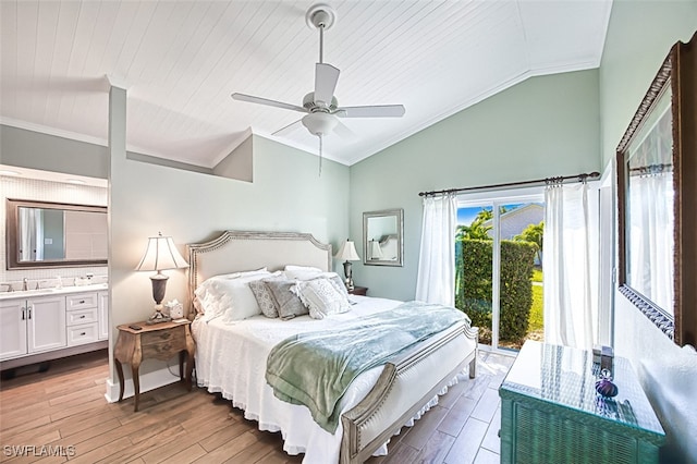 bedroom with ornamental molding, access to outside, and wood finished floors