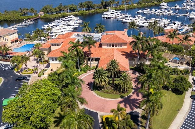 bird's eye view with a water view