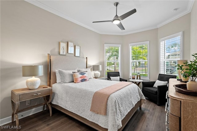 bedroom featuring crown molding, ceiling fan, hardwood / wood-style flooring, and baseboards