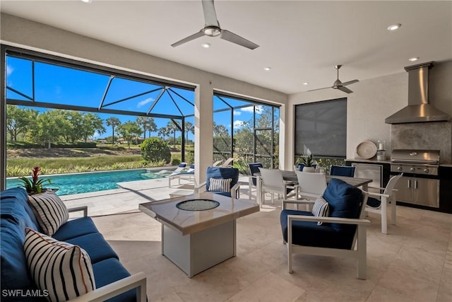 view of patio with glass enclosure, an outdoor kitchen, an outdoor pool, grilling area, and an outdoor hangout area