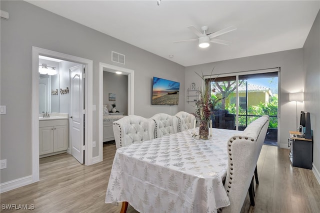 dining space featuring light wood-type flooring, visible vents, ceiling fan, and baseboards