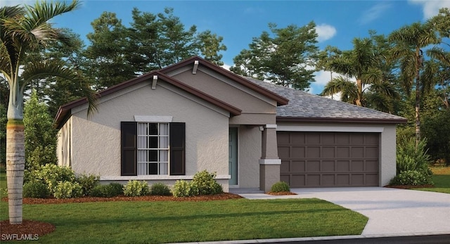 view of front of property featuring roof with shingles, stucco siding, concrete driveway, an attached garage, and a front lawn