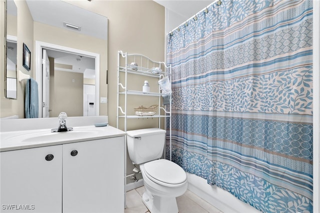 full bathroom with visible vents, shower / bathtub combination with curtain, toilet, vanity, and tile patterned floors