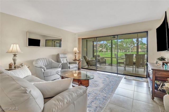 living area featuring light tile patterned flooring