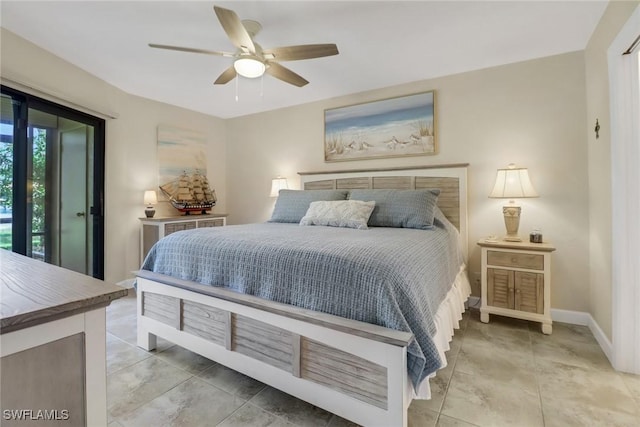 bedroom with ceiling fan and baseboards