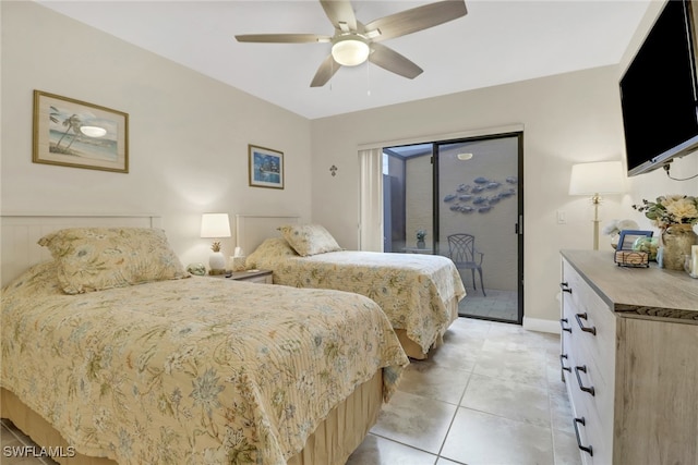 bedroom featuring light tile patterned floors, access to outside, and ceiling fan