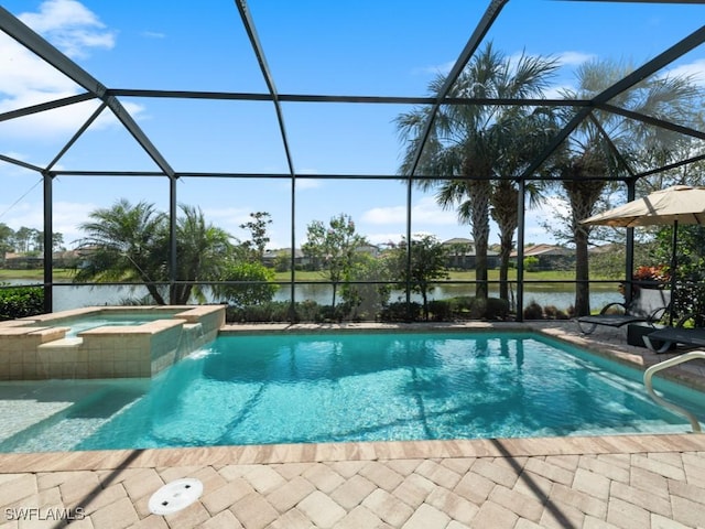 view of swimming pool with a lanai, a patio area, and a water view