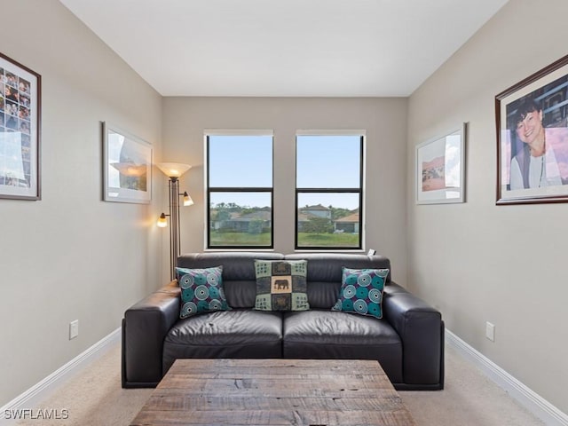 carpeted living room featuring baseboards