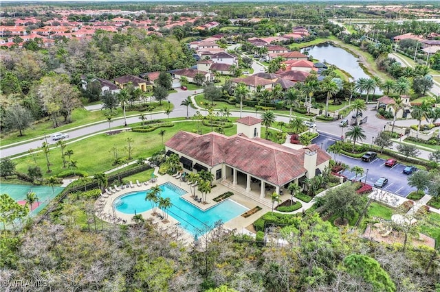 drone / aerial view with a water view