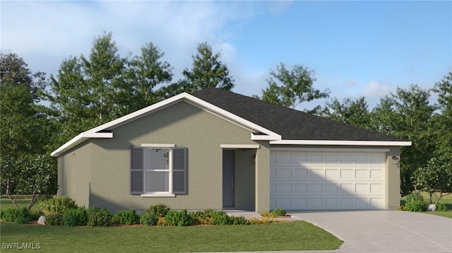 ranch-style house with stucco siding, a shingled roof, concrete driveway, a garage, and a front lawn