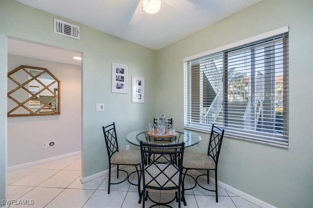 dining area featuring a ceiling fan, visible vents, baseboards, and tile patterned floors