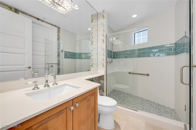 bathroom with tile patterned flooring, toilet, recessed lighting, vanity, and a shower stall