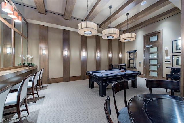 rec room with carpet floors, billiards, and beam ceiling