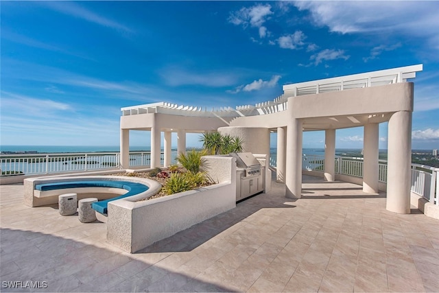 view of patio with a water view, area for grilling, a grill, fence, and a pergola