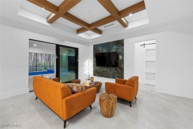 living room with beam ceiling, marble finish floor, visible vents, coffered ceiling, and baseboards