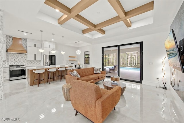 living area featuring marble finish floor, coffered ceiling, beam ceiling, and baseboards