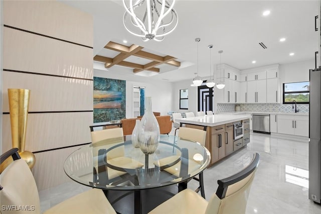 dining space featuring an inviting chandelier, coffered ceiling, beam ceiling, and recessed lighting