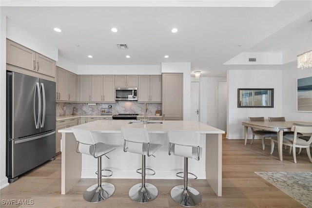 kitchen with a sink, visible vents, light countertops, appliances with stainless steel finishes, and gray cabinets