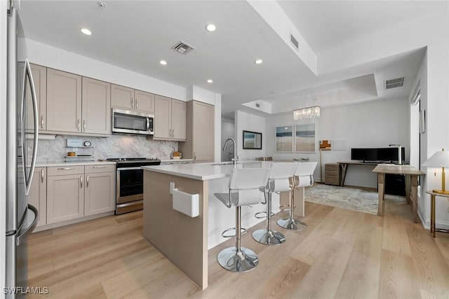 kitchen with appliances with stainless steel finishes, a breakfast bar, visible vents, and light wood-style floors