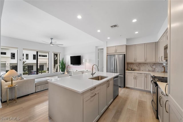 kitchen with a sink, visible vents, light wood-style floors, open floor plan, and appliances with stainless steel finishes