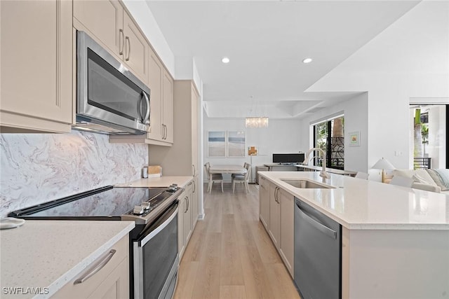 kitchen with tasteful backsplash, appliances with stainless steel finishes, open floor plan, light wood-type flooring, and a sink