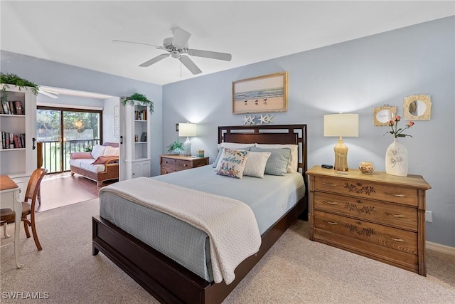 bedroom featuring carpet floors, access to outside, ceiling fan, and baseboards